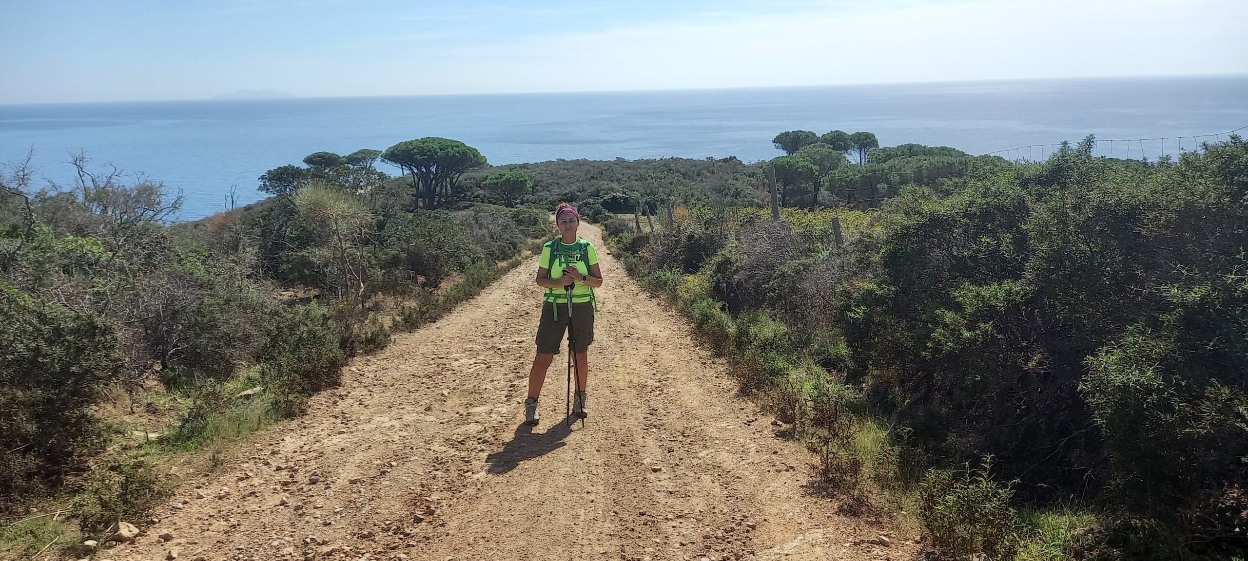 Donna vestita da trekking in largo sentiero boschivo con alle spalle mare luccicate. I migliori consigli di trekking